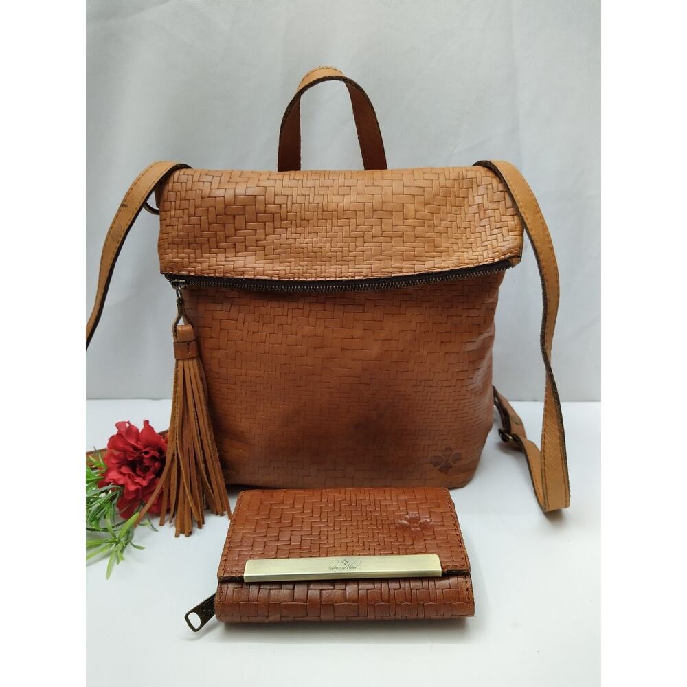 Patricia Nash Brown Leather Woven Top Handle Flap Closure Backpack w/ Wallet